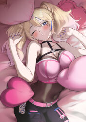  bed bed_sheet bedroom blonde_hair blue_eyes breasts corset heart highres kiddycorky large_breasts nail_polish pillow shorts skinsuit twintails virtual_youtuber  rating:General score:7 user:KiddyCorky