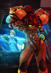  1girl absurdres arm_cannon armor blonde_hair blue_bodysuit bodysuit breasts closed_eyes commentary covered_navel different_reflection english_commentary hair_down helmet highres long_hair metroid metroid_(creature) monori_rogue nintendo power_armor reflection samus_aran science_fiction skin_tight small_breasts solo_focus space spacecraft spacecraft_interior super_metroid varia_suit weapon zero_suit  rating:Sensitive score:13 user:danbooru