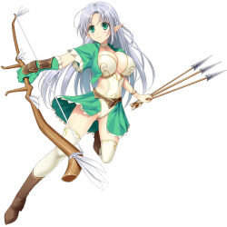  1girl absurdres arrow_(projectile) boots bow_(weapon) braid breasts brown_footwear cleavage commentary_request full_body gloves green_eyes green_jacket grey_hair highres holding holding_arrow holding_bow_(weapon) holding_weapon jacket large_breasts leotard long_hair original pointy_ears side_braid single_glove solo thighhighs toma_(asagayatei) weapon white_leotard 