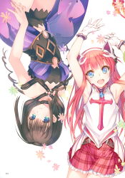  2girls absurdres alisia_heart aquaplus armpits bare_shoulders blue_eyes breasts dress dungeon_travelers_2 flower frills gloves hair_ornament highres kawata_hisashi long_hair looking_at_viewer lying medium_breasts melvy_de_florencia mitsumi_misato multiple_girls official_art on_back open_mouth red_hair scan short_dress sidelocks simple_background skirt smile white_background white_gloves 