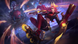 absurdres chinese_guardian_lion cropped_jacket cropped_shirt gold_horns gun highres holding holding_gun holding_weapon league_of_legends lunar_beast_miss_fortune miss_fortune_(league_of_legends) non-web_source pink_hair roller_skates skates stomach turtleneck weapon 