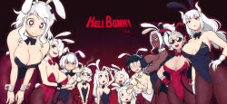  6+girls :&lt; :3 :d ahoge alternate_costume animal_ears arm_under_breasts arms_under_breasts azazel_(helltaker) bare_arms bare_shoulders black_bow black_bowtie black_hair black_horns black_leotard blunt_bangs blush bow bowtie breasts cerberus_(helltaker) cigarette cleavage clenched_hands closed_mouth collarbone commentary_request covered_navel cowboy_shot cross crossed_arms dark-skinned_female dark_skin dated demon_girl demon_horns demon_tail detached_collar dog_ears dog_girl english_text facing_viewer fake_animal_ears fake_tail fang fingerless_gloves fishnet_legwear fishnets flat_chest gauntlets glasses gloves gradient_background grey_eyes hair_over_one_eye hand_on_own_hip hand_up hands_on_own_hips hands_on_own_knees hands_up heart heart-shaped_pupils helltaker highres holding horns jacket jacket_on_shoulders judgement_(helltaker) justice_(helltaker) large_breasts leaning_forward leotard long_hair looking_at_viewer looking_to_the_side looking_up lucifer_(helltaker) malina_(helltaker) medium_hair modeus_(helltaker) mole mole_under_eye multiple_girls notepad open_mouth pandemonica_(helltaker) pantyhose parody parted_bangs pen piercing playboy_bunny ponytail profile rabbit_ears rabbit_tail red_background red_bow red_eyes red_gloves red_jacket red_legwear red_leotard red_neckwear revision sharp_teeth shiny_clothes shiny_skin short_hair sideways_glance skindentation smile strapless strapless_leotard sweatdrop symbol-shaped_pupils tail teeth title_parody triplets tsukudani_(coke-buta) upper_teeth_only v_arms wavy_mouth white_eyes white_gloves white_hair white_leotard wrist_cuffs writing zdrada_(helltaker)  rating:Sensitive score:123 user:danbooru