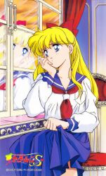  1990s_(style) 1girl absurdres aino_minako bishoujo_senshi_sailor_moon bishoujo_senshi_sailor_moon_s blonde_hair blue_eyes blue_sailor_collar blue_skirt bow earrings hair_bow head_rest highres indoors itou_ikuko jewelry logo long_hair long_skirt long_sleeves looking_outside looking_to_the_side neckerchief non-web_source official_art on_chair red_bow red_neckerchief reflection retro_artstyle sailor_collar school_uniform serafuku shiba_koen_middle_school_uniform shirt sitting skirt skirt_hold solo stud_earrings toei_animation white_shirt window  rating:General score:8 user:danbooru