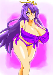  1girl alternate_ass_size alternate_body_size alternate_breast_size ass bikini bow breasts cleavage curvy fianna_ray_ordesia gigantic_breasts hair_ribbon highres huge_ass huge_breasts long_hair long_legs purple_bikini purple_bow purple_eyes purple_hair purple_ribbon ribbon seirei_tsukai_no_blade_dance shiny_skin solo swimsuit thick_thighs thighs very_long_hair wide_hips yellow_ribbon 