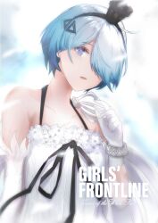  1girl absurdres black_hairband blue_eyes blue_hair bracelet collarbone commentary copyright_name dress english_commentary english_text girls&#039;_frontline gloves hair_ornament hair_over_one_eye hairband highres jewelry official_alternate_costume open_mouth short_hair solo tfnfe_sach upper_body white_dress white_gloves zas_m21_(girls&#039;_frontline) zas_m21_(white_queen)_(girls&#039;_frontline) 