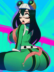  absurdres ahegao ass ass_focus asui_tsuyu bodysuit boku_no_hero_academia female_focus from_behind goggles goggles_on_head green_hair highres long_tongue postblue98 solo tongue tongue_out  rating:Questionable score:137 user:Wahlawigi
