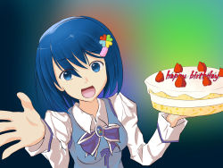  1girl 7-tan blue_eyes blue_hair bow breasts cake female_focus food gradient_background highres madobe_nanami os-tan small_breasts solo upper_body windows_7  rating:General score:5 user:Deuxsonic