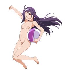 10s 1girl ahoge ball barefoot breasts feet female_focus hairband highres jumping long_hair looking_at_viewer navel nipples nude nude_filter one_eye_closed open_mouth purple_hair pussy red_eyes small_breasts smile solo sword_art_online sword_art_online:_code_register third-party_edit uncensored white_background yuuki_(sao) yuuki_(sao-alo) rating:Explicit score:60 user:deltaonix