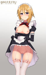 1girl artist_logo artist_name black_gloves black_outline blonde_hair blush braid breasts breasts_out charlotte_dunois cleft_of_venus clothes_lift commentary commission cowfee dress dress_lift elbow_gloves english_commentary frills garter_belt gloves gluteal_fold gradient_background hair_between_eyes infinite_stratos lifted_by_self long_hair looking_at_viewer maid maid_headdress medium_breasts neck_ribbon nipples no_panties outline puffy_short_sleeves puffy_sleeves purple_eyes pussy red_ribbon ribbon short_sleeves simple_background smile solo thigh_gap thighhighs uncensored white_thighhighs  rating:Explicit score:62 user:danbooru