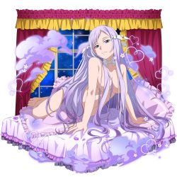  1girl barefoot bed breasts choker feet hair_ornament highres large_breasts long_hair nude official_art purple_eyes purple_hair quinella sword_art_online third-party_edit toes  rating:Questionable score:39 user:Queen_Darkness_Von_Haven