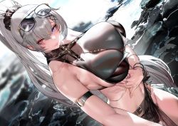  aether_gazer bangle belt bracelet breasts cleavage glasses_on_head grey_hair heterochromia highres jewelry kotachi_(aether_gazer) official_alternate_costume ponytail sideboob tongue tongue_out xiaoluo_xl  rating:Sensitive score:43 user:中の歌