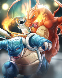 blastoise blue_eyes cannon charizard claws creatures_(company) fire flying game_freak gen_1_pokemon nintendo open_mouth pokemon pokemon_(creature) red_eyes shell signature standing tomislavartz tongue wings
