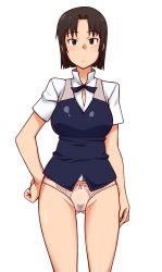  1girl black_eyes black_hair bow bow_panties female_pubic_hair hand_on_own_hip kyosu looking_at_viewer panties pink_panties pubic_hair see-through shirafuji_kyouko short_hair simple_background solo standing thigh_gap underwear white_background working!!  rating:Questionable score:42 user:danbooru