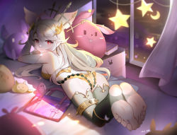  1girl absurdres ass barefoot bed blurry blush corrin_(female)_(fire_emblem) corrin_(fire_emblem) depth_of_field feet fire_emblem from_behind full_body grey_hair highres kalun_(fwme3378) long_hair looking_at_viewer looking_back lying nintendo on_stomach original pointy_ears red_eyes soles solo star_(sky) stirrup_legwear stuffed_animal stuffed_toy thighhighs toeless_legwear toes very_long_hair window  rating:Sensitive score:50 user:ssfl