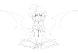  1girl absurdres adapted_costume back_bow bare_shoulders bat_wings bow bowtie center_frills collared_shirt frilled_shirt frilled_shirt_collar frilled_skirt frills greyscale hair_between_eyes hands_on_own_feet hat highres lineart looking_at_viewer mary_janes medium_hair mob_cap monochrome remilia_scarlet shirt shoes skirt socks solo touhou transparent_background utakata_(kochou_no_yume) v-shaped_eyebrows wings 