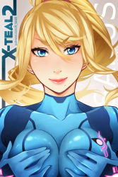 1girl artist_name blonde_hair blue_eyes bodysuit breast_hold breasts character_name covering_privates covering_breasts covering_nipples emblem female_focus floating_hair gradient_background hair_between_eyes high_ponytail impossible_bodysuit impossible_clothes large_breasts light_smile lipstick long_hair looking_at_viewer makeup metroid mole mole_under_mouth neon_trim nintendo patreon patreon_username ponytail samus_aran sidelocks skin_tight smile solo turtleneck upper_body watermark web_address x-t3al zero_suit rating:Sensitive score:67 user:danbooru