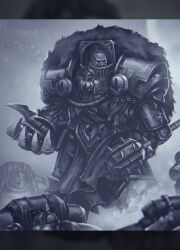  5boys adeptus_astartes armor bald bird_skull bird_skull_ornament black_legion bolter breastplate commentary couter cowboy_shot cuirass english_commentary eyes_of_horus_(warhammer_40k) gauntlets glowing glowing_eyes grey_armor greyscale grohgrog gun highres holding holding_bolter holding_gun holding_mace holding_weapon horus_lupercal leg_armor looking_to_the_side mace male_focus monochrome moon multiple_boys out_of_frame outdoors pauldrons pelt pelvic_curtain poleyn power_armor power_claw primarch rerebrace shoulder_armor size_difference solo_focus spiked_helmet spiked_mace spikes standing the_serpent&#039;s_scales_(warhammer) warhammer_40k weapon 