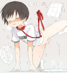 1boy all_fours ankle_socks blush bottomless closed_eyes clothes_writing collar disembodied_hand from_side humiliation leash male_focus original pee peeing penis shikimuratan shirt shirt_writing short_sleeves shota small_penis socks speech_bubble t-shirt testicles toilet toilet_use translation_request wavy_mouth white_shirt white_socks rating:Explicit score:114 user:harucho