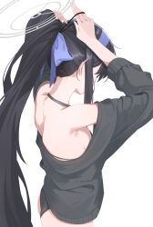  1girl 26th absurdres arms_up ass bare_shoulders bikini black_bikini black_cardigan black_hair blue_archive blue_bow blue_hairband bow breasts cardigan ear_focus grey_halo hair_bow hair_tie hairband halo halterneck hashtag-only_commentary high_ponytail highres long_hair long_sleeves off_shoulder official_alternate_costume shoulder_blades simple_background small_breasts solo standing swimsuit tying_hair ui_(blue_archive) ui_(swimsuit)_(blue_archive) very_long_hair white_background 