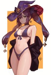 1girl absurdres adapted_costume bikini black_hair blunt_bangs breasts clothes_pull cowboy_shot distr genshin_impact gold_trim green_eyes hat highleg highleg_bikini highres jacket long_hair looking_at_viewer medium_breasts mona_(genshin_impact) navel off_shoulder purple_hat solo swimsuit twintails two-tone_background witch_hat yellow_background rating:Sensitive score:115 user:danbooru