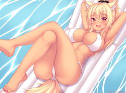 1girl :d animal_ear_fluff animal_ears armpits arms_behind_head arms_up ass bare_legs bare_shoulders barefoot bikini black_scrunchie blonde_hair blush breasts cat_ears cat_girl cat_tail cleavage commentary covered_erect_nipples crossed_legs english_commentary hair_between_eyes hair_ornament hair_scrunchie high_ponytail highres knees_up large_breasts long_hair looking_at_viewer lying nail_polish nottytiffy on_back open_mouth original ponytail purple_nails red_eyes scrunchie slit_pupils smile solo swimsuit tail tan teeth tiffy_(nottytiffy) toenail_polish toenails upper_teeth_only water watermark web_address white_bikini rating:Questionable score:49 user:danbooru