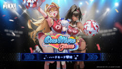 3girls bay_(nikke) between_breasts black_hair blonde_hair blue_eyes blush breast_press breast_smother breasts brown_eyes cheerleader clay_(nikke) closed_eyes closed_mouth commentary_request crop_top day face_between_breasts face_to_breasts girl_sandwich goddess_of_victory:_nikke grabbing grabbing_another&#039;s_breast hair_intakes head_between_breasts height_difference highleg highleg_panties highres large_breasts long_hair looking_at_another multiple_girls navel one_eye_closed open_mouth outdoors panties pleated_skirt poli_(cheer_up_police)_(nikke) poli_(nikke) pom_pom_(clothes) red_skirt sandwiched short_twintails side-tie_panties skirt standing twintails underwear visor_cap white_hair white_skirt