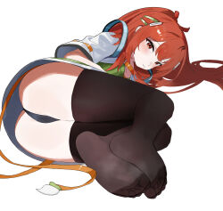  1girl absurdres ass black_panties black_thighhighs blush closed_mouth full_body highres lazhuzelazhuze legs long_hair looking_at_viewer lying no_shoes on_side original panties red_eyes red_hair simple_background soles solo thighhighs toes underwear white_background  rating:Sensitive score:5 user:danbooru