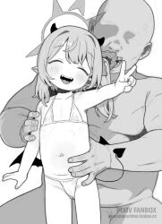 1boy 1girl :d age_difference alternate_costume arm_at_side arm_grab bald bare_shoulders bikini blue_archive blush closed_eyes commentary demon_girl demon_horns demon_tail demon_wings dot_nose english_commentary faceless faceless_male facing_viewer fanbox_username fangs fat fat_man flat_chest greyscale hair_ribbon halo hetero highres horns ibuki_(blue_archive) loli long_hair low_wings micro_bikini monochrome navel open_mouth opossumachine outstretched_arm paid_reward_available pointy_ears ribbon side_ponytail smile standing stomach swimsuit tail teeth tongue torso_grab upper_teeth_only v watermark web_address white_background wings 