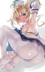 1girl ass barbara_(genshin_impact) bare_shoulders blonde_hair blue_eyes blush breasts detached_sleeves dress feet from_behind from_below genshin_impact gloves hair_ornament hat highres huge_ass long_hair looking_at_viewer looking_down one_eye_closed open_mouth panties panties_under_pantyhose pantyhose shiny_clothes shiny_skin sideboob skirt solo toes twintails uenoryoma underwear upskirt white_panties white_pantyhose wince rating:Questionable score:133 user:armorcrystal