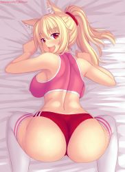 1girl all_fours animal_ear_fluff animal_ears ass blonde_hair blush breasts buruma cat_ears english_text from_above hair_between_eyes halterneck highres large_breasts long_hair looking_at_viewer midriff nottytiffy open_mouth original red_buruma red_eyes slit_pupils solo thighhighs tiffy_(nottytiffy) tongue tongue_out watermark web_address white_thighhighs rating:Sensitive score:80 user:danbooru