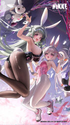  2girls alice_(nikke) alice_(wonderland_bunny)_(nikke) animal_ears artist_request black_bow black_bowtie black_leotard bow bowtie breasts brown_pantyhose carrot_hair_ornament covered_navel detached_collar fake_animal_ears fake_tail food-themed_hair_ornament goddess_of_victory:_nikke hair_ornament highres large_breasts leotard long_hair looking_at_viewer medium_breasts midair multiple_girls official_art open_mouth pantyhose party_popper pink_bow pink_bowtie pink_eyes pink_hair pink_leotard playboy_bunny purple_eyes rabbit rabbit_ears rabbit_tail shoes smile sneakers soda_(nikke) soda_(twinkling_bunny)_(nikke) tail torn_clothes torn_pantyhose twintails white_footwear white_pantyhose wrist_cuffs 