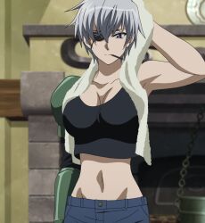  1girl akame_ga_kill! breasts closed_mouth eyepatch female_focus grey_hair highres looking_at_viewer mechanical_arms najenda navel purple_eyes screencap short_hair shorts single_mechanical_arm standing stitched third-party_edit tomboy towel 