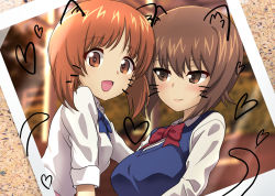  :d alternate_costume animal_ears blue_bow blue_bowtie blue_sweater bow bowtie brown_eyes brown_hair cat_ears cat_tail closed_mouth commentary drawing_(object) facial_mark girls_und_panzer heart highres long_sleeves looking_at_another looking_at_viewer nishizumi_maho nishizumi_miho open_mouth red_bow red_bowtie school_uniform shiina_excel shirt short_hair siblings sisters sleeves_rolled_up smile sweater sweater_vest tail v-neck whisker_markings white_shirt  rating:Sensitive score:10 user:danbooru