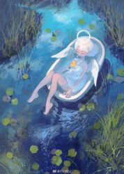 1girl angel angel_wings bare_legs barefoot bathtub closed_eyes dress feet full_body grass halo hidari_(nanmu-left) highres lily_pad long_hair nature original outdoors partially_submerged plant ripples rubber_duck solo spaghetti_strap stream twitter_username water white_dress white_hair wings 