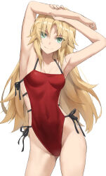  1girl arms_up bare_shoulders blonde_hair breasts commentary_request fate/apocrypha fate_(series) green_eyes highres long_hair looking_at_viewer mordred_(fate) mordred_(fate/apocrypha) one-piece_swimsuit parted_bangs sidelocks small_breasts smile solo swimsuit thighs tonee 