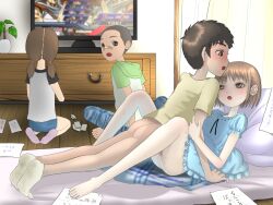  2boys 2girls ass bandaid bandaid_on_face bandaid_on_nose bare_legs barefoot blue_dress blush bottomless brown_eyes child_on_child cspmc dress hair_ornament hairclip hetero highres loli looking_at_another lying motion_lines multiple_boys multiple_girls no_panties on_back on_bed open_mouth original seiza sex shirt short_hair short_twintails shota sidelocks sitting socks soles sweat sweatdrop television textless_version toes trembling twintails vaginal yellow_shirt  rating:Explicit score:222 user:MonsieurCinq