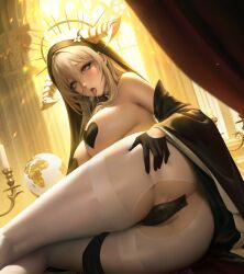 1girl ahegao ass azur_lane bare_shoulders black_gloves black_panties blonde_hair breasts candlestand chinese_commentary cleavage crotchless crotchless_pantyhose fake_horns from_behind globe gloves hair_between_eyes half_gloves halo hand_on_own_ass heart_pasties horns implacable_(azur_lane) indoors large_breasts long_hair looking_at_viewer lying mr_xior nun on_side panties pantyhose pasties pussy_juice red_eyes rolling_eyes saliva saliva_trail solo thighband_pantyhose tongue tongue_out underwear veil very_long_hair white_horns white_pantyhose rating:Explicit score:51 user:danbooru