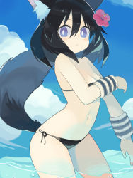  1girl :&lt; air_bubble animal_ear_fluff animal_ears bikini black_bikini black_hair blue_sky blush breasts bubble cleavage closed_mouth cloud commentary_request day fox_ears fox_girl fox_tail hair_between_eyes looking_at_viewer medium_breasts navel original outdoors paprika_shikiso purple_eyes side-tie_bikini_bottom sky solo swimsuit tail tail_raised wading water wristband 