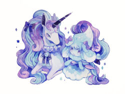  absurdres acrylic_paint_(medium) alcremie alcremie_(mint_cream) alcremie_(ribbon_sweet) black_bow black_ribbon blue_eyes blue_hair bow braid brooch clothed_pokemon creatures_(company) diamond_(shape) eye_contact full_body galarian_form galarian_rapidash game_freak gem gen_8_pokemon hair_bow hair_scarf half-closed_eyes happy highres horse jewelry long_hair looking_at_another multicolored_eyes multicolored_hair neck_ribbon nintendo no_humans open_mouth painting_(medium) pink_bow pokemon pokemon_(creature) purple_eyes purple_hair ribbon simple_background smile star_(symbol) susutouka traditional_media two-tone_hair unicorn very_long_hair white_background 