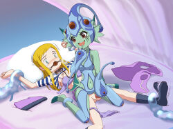  2girls ball_gag bare_pussy bdsm bed blonde_hair bra breasts_before_face breasts_upward clothes_lift clothes_removed crying crying_with_eyes_open digimon dildo electrode_on_nipples electrodes fat_mons gag green_eyes hat highres leash legs_apart lying mons_pubis mound_of_venus multiple_girls nipples object_insertion on_bed open_bra orimoto_izumi outstretched_arms panties panties_around_leg pinned pussy ranamon red_eyes restrained scared semi-nude sex_toy sexual_harassment shirt_lift skirt skirt_lift slime_(creature) spread_arms struggling tearing_up tears underwear unworn_hat unworn_headwear unworn_panties unworn_vest vaginal vaginal_object_insertion yuri 