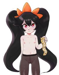  1girl ashley_(warioware) black_hair blush cleft_of_venus condom condom_packet_strip condom_wrapper cowboy_shot facing_viewer female_focus flat_chest highres holding holding_condom loli long_hair looking_at_viewer navel nintendo nipples no_panties omega_haunter pantyhose red_eyes simple_background solo standing topless twintails upper_body warioware white_background  rating:Explicit score:86 user:HomeStruck