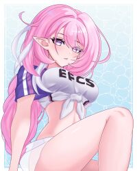  1girl absurdres breasts clothes_writing elf elysia_(herrscher_of_human:ego)_(honkai_impact) elysia_(honkai_impact) hair_between_eyes highres honkai_(series) honkai_impact_3rd large_breasts legs long_hair looking_at_viewer low-braided_long_hair low-tied_long_hair midriff official_alternate_costume pink_eyes pink_hair pink_pupils pointy_ears sarong see-through see-through_sarong shirt sitting solo teeth tied_shirt v3nturous water white_shirt 