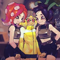  3girls :o absurdres agent_4_(splatoon) armor bare_shoulders belt belt_buckle bike_shorts black_belt black_gloves black_shirt black_shorts blonde_hair blunt_bangs blush breastplate breasts buckle chibi chibi_inset clenched_hands closed_mouth colored_sclera colored_tongue commentary_request crop_top dark-skinned_female dark_skin fang fingerless_gloves gloves goggles goggles_on_head green_sclera hand_on_own_hip highres inkling inkling_girl inkling_player_character jacket korean_commentary leejijijii long_hair looking_at_another lower_teeth_only medium_hair midriff multiple_girls nintendo orange_eyes parted_bangs purple_eyes purple_pupils red_hair shirt shorts small_breasts smile splatoon_(series) splatoon_2 suction_cups sweat takozonesu teeth tentacle_hair v-shaped_eyebrows yellow_jacket yellow_tongue zipper 