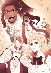  1girl 2boys animal_ears antlers bishie_sparkle bishounen braid brown_background brown_theme collared_shirt commentary_request dark-skinned_male dark_skin dragon_boy dragon_ears earrings facial_hair fangs fingernails fins floating_hair gensoudanshi goatee head_fins high_ponytail hoop_earrings horns indian_clothes japanese_clothes jewelry kimono lamia_boy long_hair long_sleeves looking_at_viewer monochrome monster_boy motion_lines multiple_boys old old_man open_mouth original sharp_fingernails shawl shirt sidelocks slit_pupils tail tail_ornament thick_eyebrows upper_body 