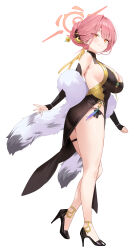  1girl absurdres aru_(blue_archive) aru_(flowery_charms)_(blue_archive) ass bare_shoulders black_dress blue_archive blush breasts cleavage cleavage_cutout clothing_cutout detached_sleeves dress feather_boa full_body gold_trim hair_bun hair_ornament hair_ribbon hairpin halo high_heels highres horns large_breasts long_hair looking_at_viewer mahjong_soul meettheton official_alternate_costume pelvic_curtain pink_hair ribbon single_hair_bun smile solo yellow_eyes 