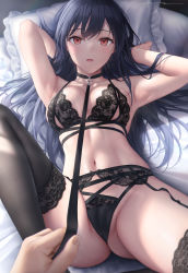 1girl armpits arms_up ass bed_sheet between_breasts black_bra black_choker black_hair black_panties bra breasts cameltoe choker cleavage cleft_of_venus commentary_request garter_belt highres knee_up leash lingerie long_hair looking_at_viewer lying medium_breasts mhru on_back on_bed open_mouth original panties partially_visible_vulva pillow pov red_eyes signature solo_focus thighhighs underwear underwear_only viewer_holding_leash white_thighhighs rating:Questionable score:150 user:danbooru
