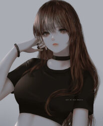  1girl aoi_ogata artist_name black_choker black_nails black_shirt bracelet breasts brown_eyes brown_hair choker clip_studio_paint_(medium) closed_mouth commission crop_top expressionless hand_on_own_face hand_up highres jewelry large_breasts long_hair looking_at_viewer nail_polish original shirt solo  rating:Sensitive score:5 user:danbooru