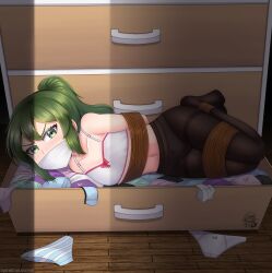  1girl absurdres artist_request bedroom blush drawer flat_chest gag highres igarashi_futaba_(shiromanta) kidnapped lingerie loli multiple_panties original panties pantyhose peril restrained rope striped_clothes striped_panties tagme underwear 