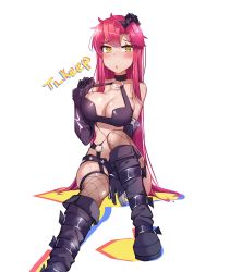  1girl :o absurdres artist_name bare_shoulders bikini bikini_top_only boots breasts choker cleavage elbow_gloves fishnets flower garter_straps gloves hair_down hair_flower hair_ornament halterneck halterneck highres large_breasts o-ring o-ring_top parted_hair pieces_of_sweet_stars red_hair simple_background sitting star_panties strap_pull swimsuit tengen_toppa_gurren_lagann thighhighs ti_keep white_background yellow_eyes yoko_littner 