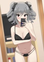 1girl arm_under_breasts bare_shoulders blush bow bra breasts cleavage collarbone covering_own_mouth cowboy_shot grey_hair hair_bow hair_ornament highres house idolmaster idolmaster_cinderella_girls indoors kanzaki_ranko kurotume77 lace lace-trimmed_bra lace_trim medium_breasts midriff mirror multi-strapped_panties navel pov ringlets selfie skindentation solo stomach taking_picture thighs twintails underwear